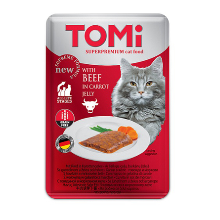 Tomi Кусочки паштета в желе для кошек и котят (c говядиной и морковью) – интернет-магазин Ле’Муррр